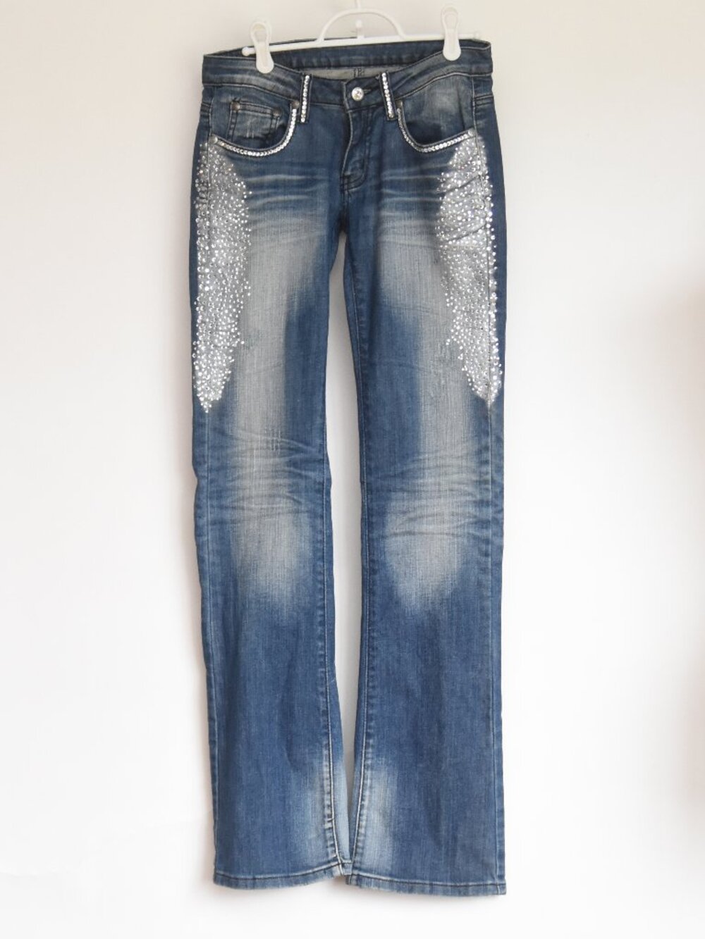 A7 Designer Jeans Swarovski Crystal Wing Bling Bootcut Y2K Blue Low Rise Size 27